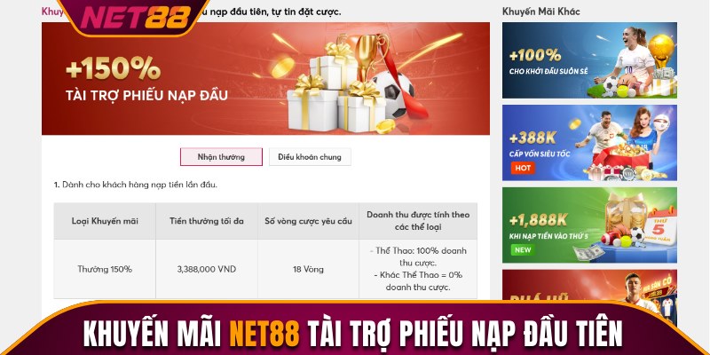 Chương trình khuyến mãi Net88 tài trợ phiếu nạp đầu tiên