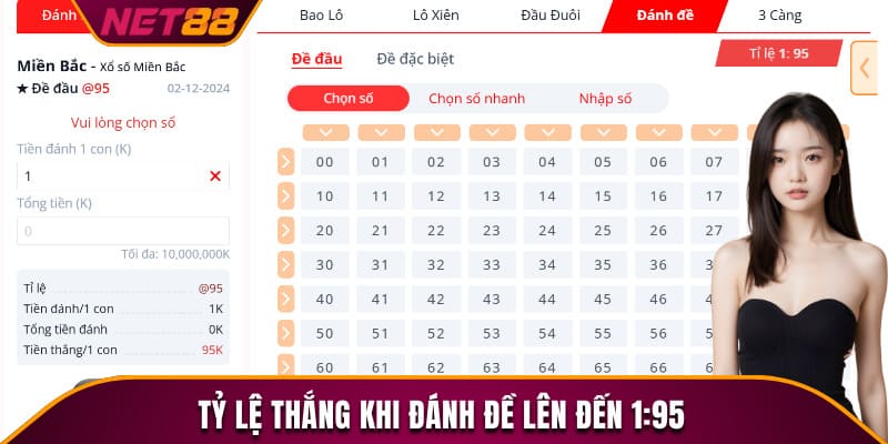 Tỷ lệ thắng khi đánh đề tại Net88 là 1:95